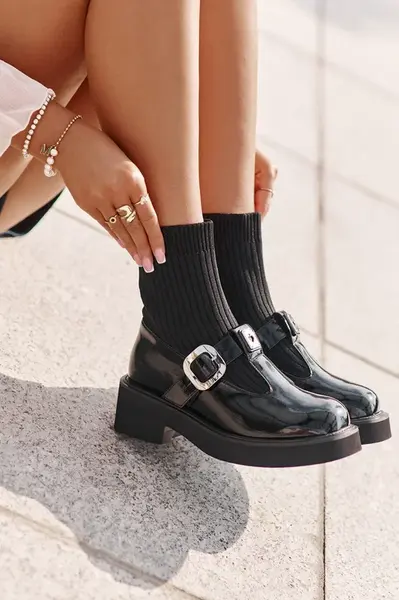 Patent Leather Ankle Boots With Sock And Buckle Slip-On Black