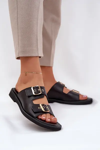 Kožené Ploché Sandále S Sponami Zazoo 3020 Čierne