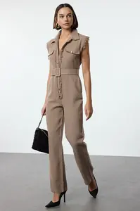Trendyol Beige Belted Shirt Collar Button Detailed Tweed Woven Overalls