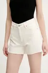 Džínové šortky Hugo Blue dámské, béžová barva, hladké, high waist, 50540160