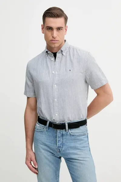 Košile s příměsí lnu Tommy Hilfiger pánská, tmavomodrá barva, regular, s límečkem button-down, MW0MW39155
