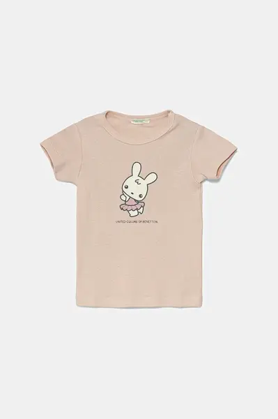 Bavlněné dětské tričko United Colors of Benetton růžová barva, s potiskem, 3I9WA1062