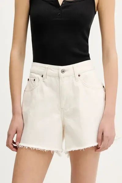 Džínové šortky Abercrombie & Fitch dámské, béžová barva, high waist, KI149-5205