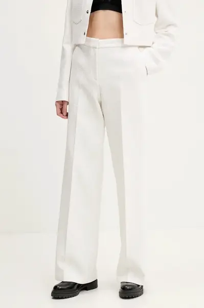 Kalhoty HUGO dámské, béžová barva, jednoduché, high waist, 50538128