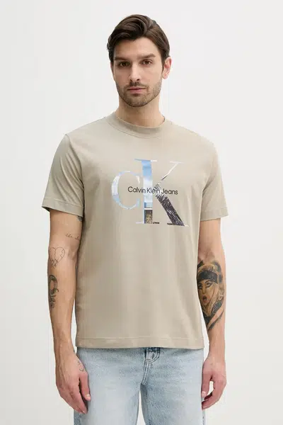 Bavlněné tričko Calvin Klein Jeans béžová barva, s potiskem, J30J327483