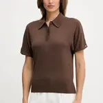 Polo triko s příměsí hedvábí Tommy Hilfiger dámské, hnědá barva, WW0WW45652