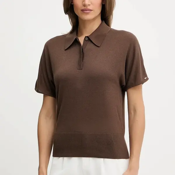 Polo triko s příměsí hedvábí Tommy Hilfiger dámské, hnědá barva, WW0WW45652