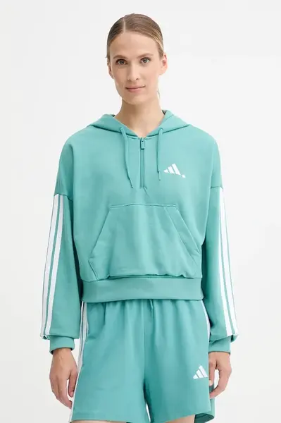 Mikina adidas 3-Stripes dámská, zelená barva, s kapucí, vzorovaná, JX7677