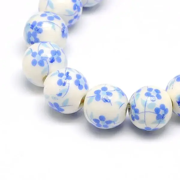 Handmade Flower Printed Porcelain Ceramic Beads Strands