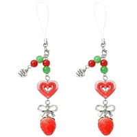 2Pcs Acrylic Heart & Resin Strawberry & Alloy Bowknot & Glass Bead Mobile Straps