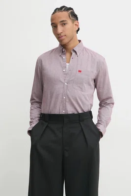 Bavlněná košile HUGO růžová barva, slim, s límečkem button-down