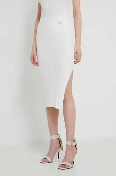 Sukně HUGO béžová barva, midi, pouzdrová, 50514292