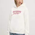 Mikina Tommy Jeans dámská, béžová barva, s kapucí, s potiskem, DW0DW20170
