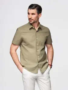Ombre Men's short sleeve cotton and linen shirt with pocket - olive