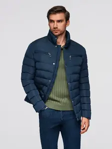 Ombre Men's quilted jacket with stand-up collar and chest zips - navy blue