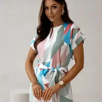 Resti Women's mini dress with short sleeves and a belt decorated with floral patterns