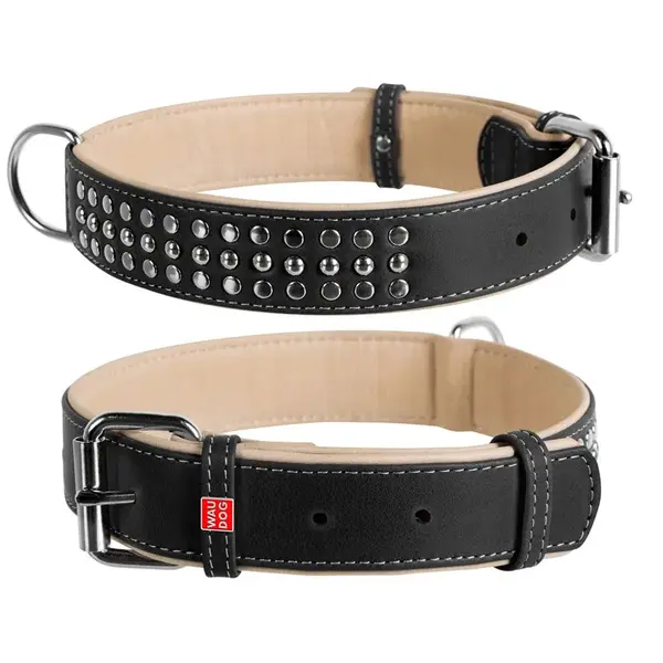 Plochý kožený obojok Soft čierno béžový vybíjaný, Obvod krku: dĺžka: 57-71 cm, šírka: 35 mm