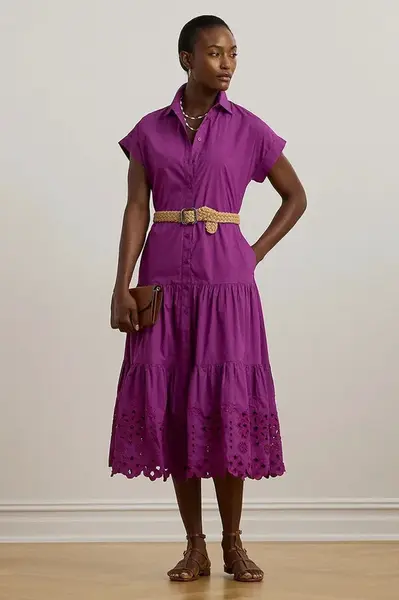 Bavlněné šaty Lauren Ralph Lauren fialová barva, midi, 200970821
