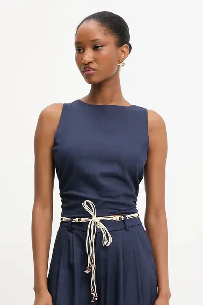 Lněná halenka Answear.LAB dámská, tmavomodrá barva, hladká