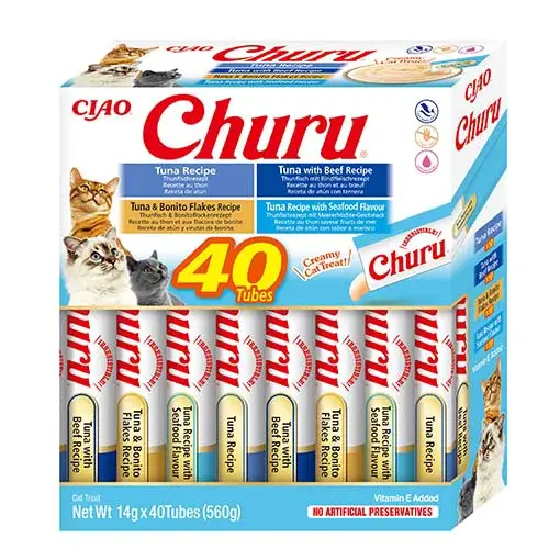 Inaba Cat Ciao Churu krémové krmivo pro kočky - výběr tuňáka (tuňák, hovězí maso, bonito, mořské plody) 40 x 14 g
