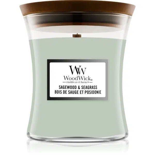 Woodwick Sagewood & Seagrass vonná svíčka s dřevěným knotem 275 g