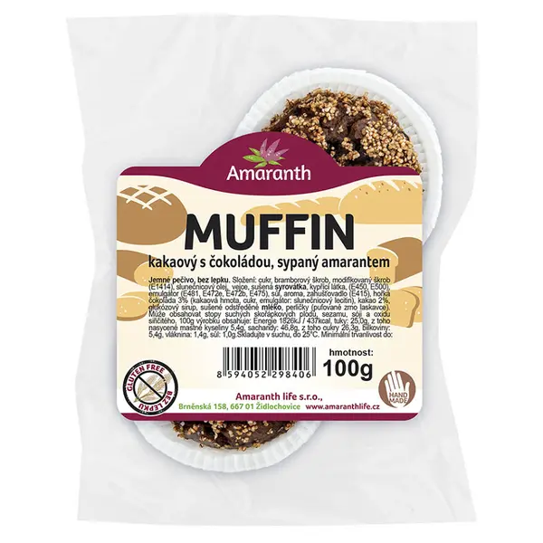 AMARANTH Bezlepkový muffin kakaový s čokoládou sypaný amarantem 2 kusy