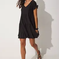 Štěstí İstanbul Dámské černé V-Neck Flounce Letní Rozšířené Pletené Šaty