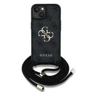 Zadní kryt Guess PU 4G Metal Logo Crossbody Popruh pro Apple iPhone 15, černá