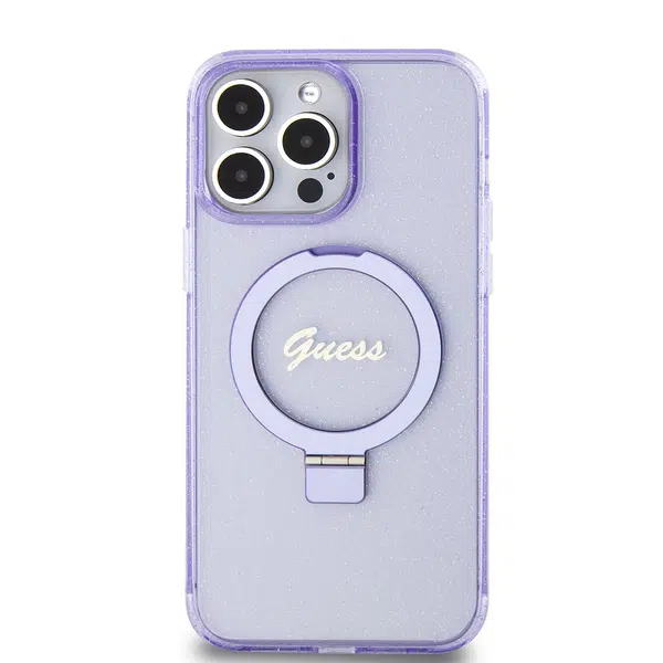 Zadní kryt Guess IML Ring Stand Glitter MagSafe pro Apple iPhone 15 Pro Max, nachová