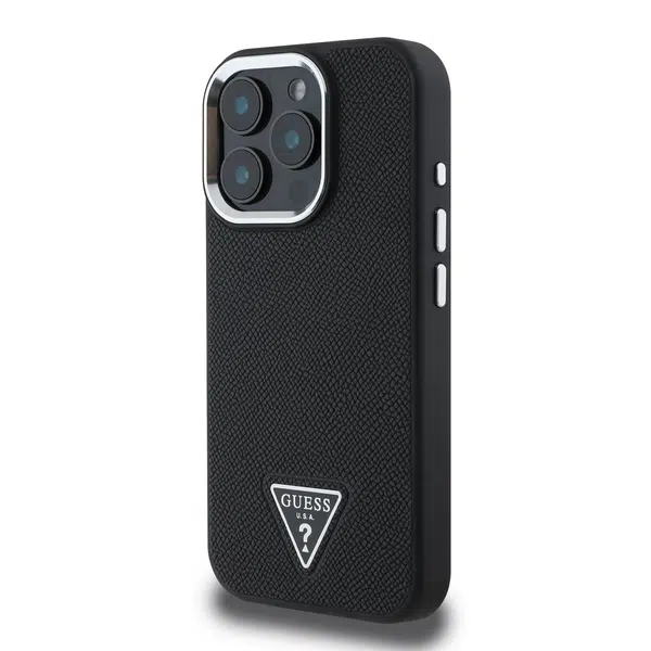 Zadní kryt Guess PU Grained Triangle Logo pro Apple iPhone 16 Pro, černá