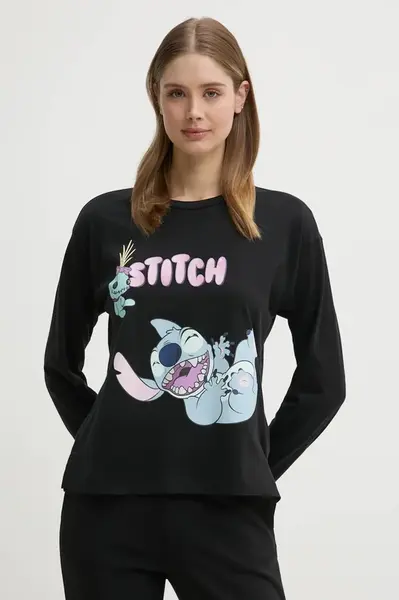 Pyžamové tričko s dlouhým rukávem United Colors of Benetton LILO&STITCH černá barva, 3Y5E3M07D
