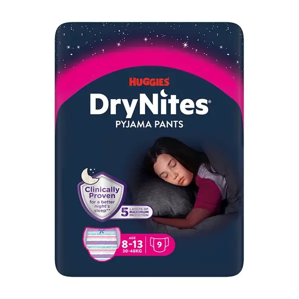 Huggies DryNites Natahovací kalhotky pro dívky 8–⁠⁠⁠⁠⁠⁠13 let 30–48 kg 9 ks