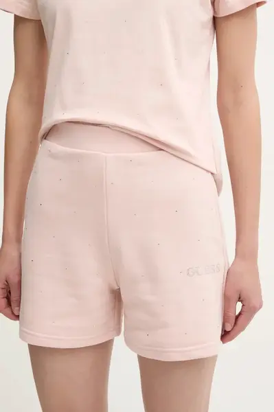Kraťasy Guess RHINESTONES dámské, růžová barva, s aplikací, high waist, V5RD03 KCLJ0