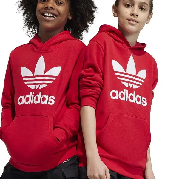 Dětská mikina adidas Originals TREFOIL červená barva, s kapucí, s potiskem