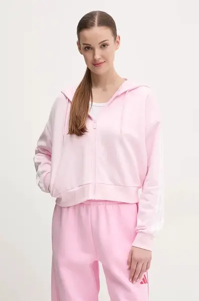 Mikina adidas Essentials dámská, růžová barva, s kapucí, s aplikací, IS6998
