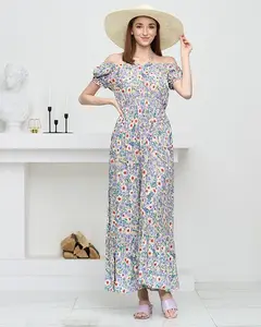 Resti Long summer green dress for women with purple flowers - Clothing