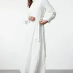 Trendyol Ecru Linen Look Woven Dress with Ruffled Belted Skirt