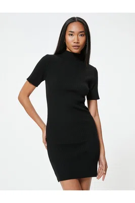 Koton Pencil Knitwear Dress Mini Length Short Sleeve High Collar Ribbed