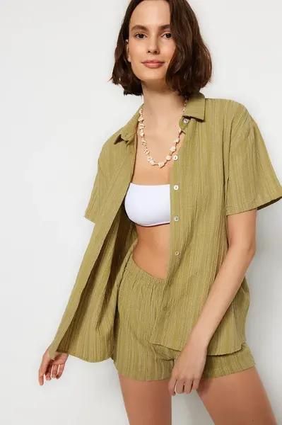 Trendyol Green Woven Linen Blend Shirt Shorts Beach Set