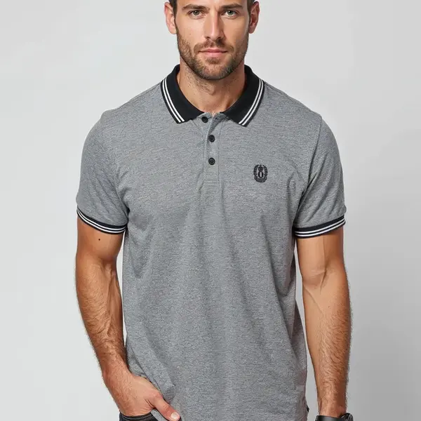 Ombre Men's melange polo shirt with striped collar - black