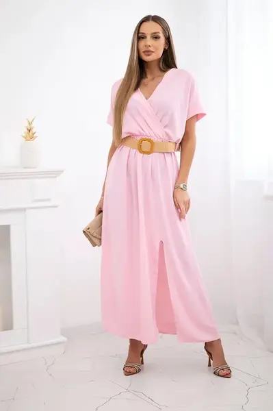 Kesi Włoski Dlouhé šaty s ozdobným páskem bonbónově růžová