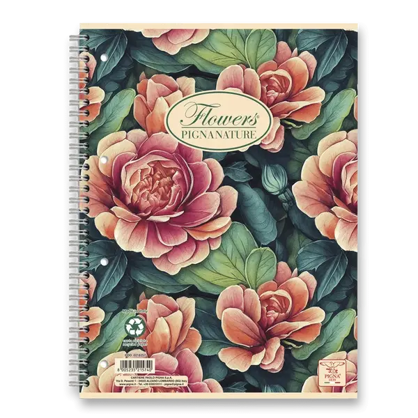 Kroužkový blok Pigna Nature Flowers - A4, linkovaný, 60 listů, mix motivů