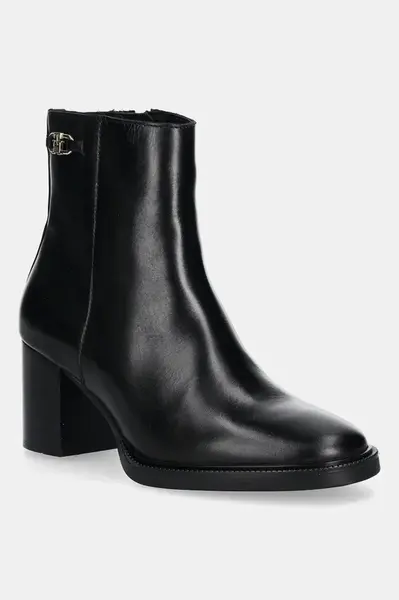 Kožené kotníkové boty Tommy Hilfiger STACKED HEEL LEATHER ANKLE BOOT dámské, černá barva, na podpatku, FW0FW08864