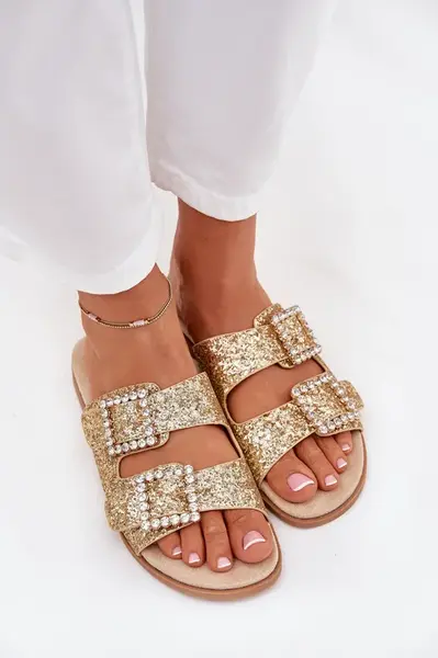 Boto Lesklé zdobené pantofle s přezkami na plochém podpatku zlaté Tovira