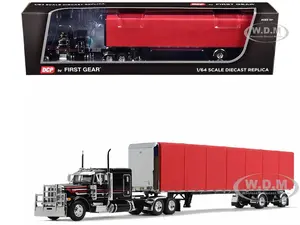 Peterbilt 379 with 63" Flat Top Sleeper and 53 Utility Roll Tarp Spread-Axle Trailer Black and Red 1/64 Diecast Model by DCP/First Gear