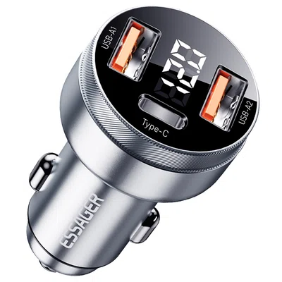 ESSAGER 80W Car Charger Three Ports Output 2USB-A+Type-C Elastic Clip Smart Chip - Gray