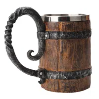 550ml Imitation Wooden Barrel Viking Beer Mug Double-Layer Stainless Steel Liner