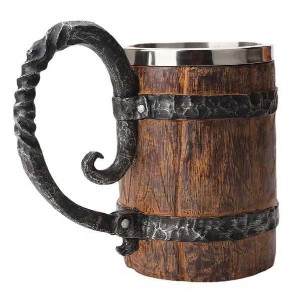 550ml Imitation Wooden Barrel Viking Beer Mug Double-Layer Stainless Steel Liner