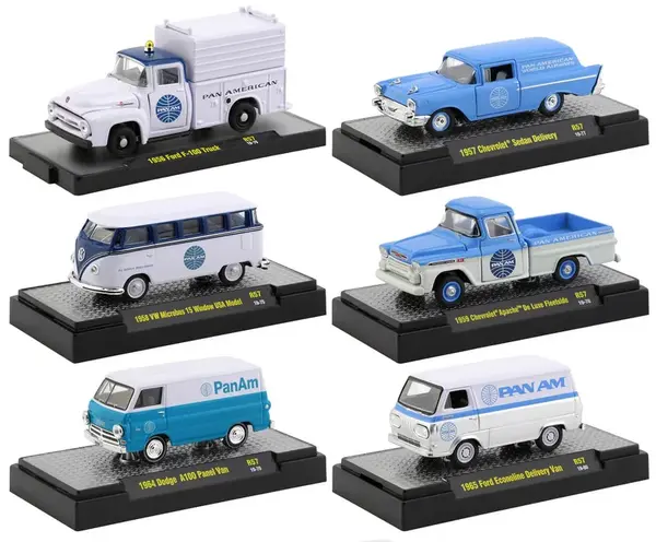"Auto Trucks" Release 57 Set of 6 pieces "Pan American World Airways" (Pan Am) IN DISPLAY CASES 1/64 Diecast Model Cars by M2 Machines