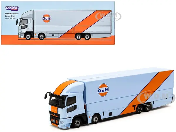 Mitsubishi Fuso Truck with Transporter Light Blue with Orange Stripes "Gulf Oil" "Truck64" Series 1/64 Diecast Model Car by Tarmac Works